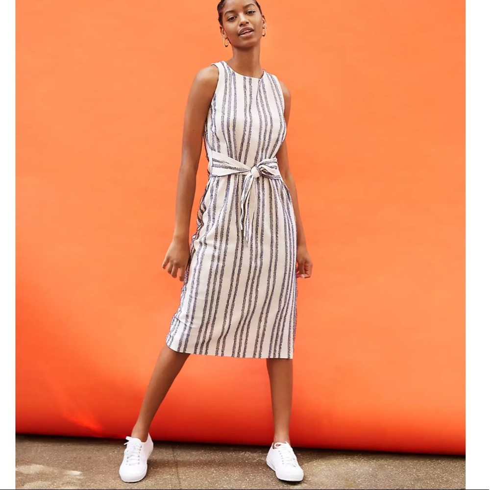 LOFT Eyelash Striped Tie Waist Midi Dress